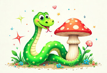 Illustration of a cartoon green snake with a fly agaric