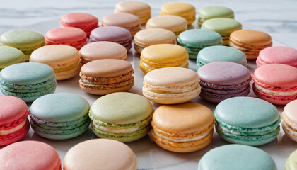 A collection of vibrant, colorful macarons neatly arranged in a circle 