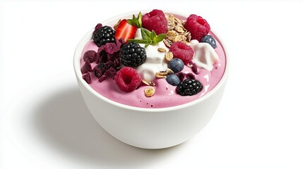 A colorful smoothie bowl topped with fresh fruits, nuts, and seeds