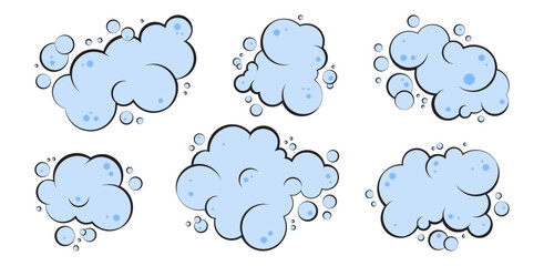 Cartoon foam bubble, soap blue cloud, bath and water, laundry icon, soda suds, gas or smoke set isolated on white background. Wash vector illustration
