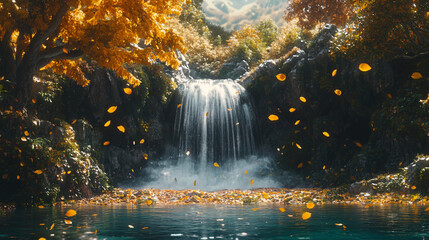 Fototapeta premium A serene waterfall nestled in an autumn forest, with golden leaves gently falling into the crystal-clear water below