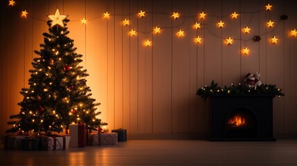 A Christmas tree is lit up in a room with a fireplace