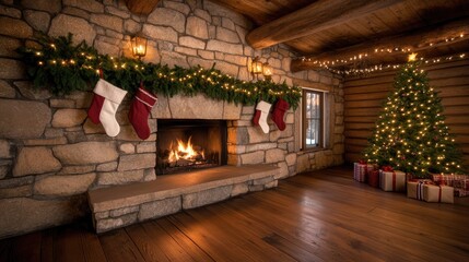 A cozy living room with a fireplace and a Christmas tree