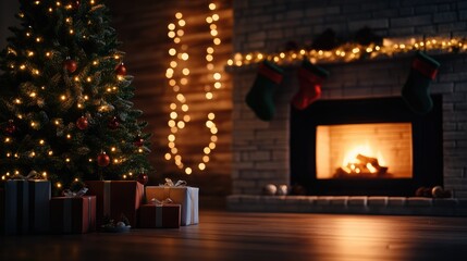 A Christmas tree is lit up in a cozy living room with a fireplace
