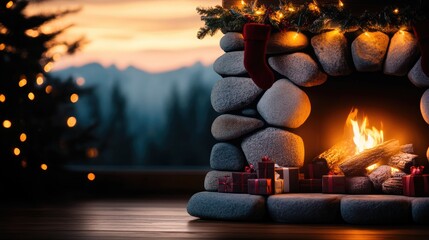 A fireplace with a rock fireplace surround