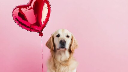 A golden retriever sits happily with a shiny heart shaped balloon, radiating warmth and affection over a pink studio background - Powered by Adobe