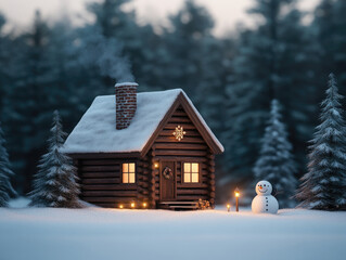 A small log cabin with a chimney and a snowman in front of it