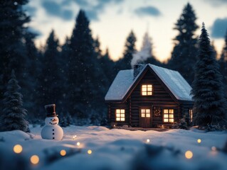 A snowman stands in front of a log cabin