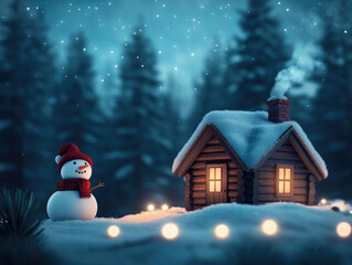 A snowman stands in front of a log cabin with a chimney
