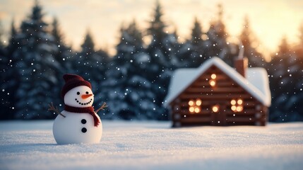 A snowman with a red hat stands in front of a log cabin