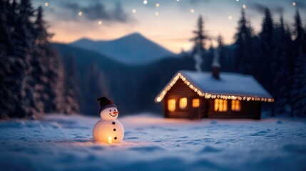 A snowman is standing in the snow next to a house