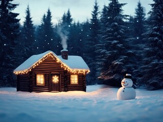 A small cabin in the woods with a snowman standing in front of it