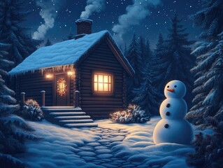 A snowman stands in front of a cabin with a chimney