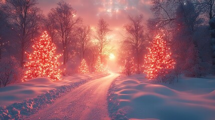 Naklejka premium Christmas Minimal Scene with Snow and Lights, Winter Wonderland Vibes.AI Generation