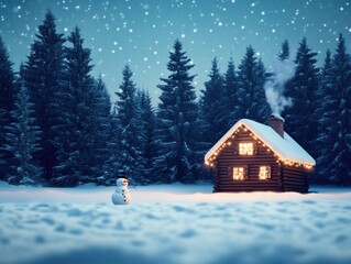 A snow covered cabin with a snowman standing in front of it