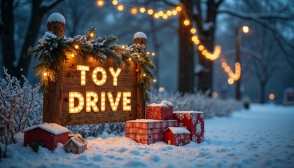 Rustic wooden sign with "Toy Drive" in a snowy park at dusk with festive decorations