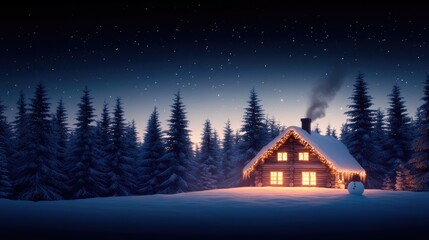 A cozy cabin in the woods with a snowman outside
