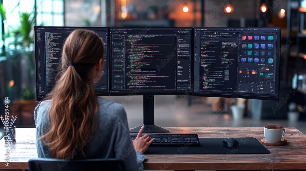 Poster a woman actively explains coding concepts at her desk in a modern workspace with multiple screens