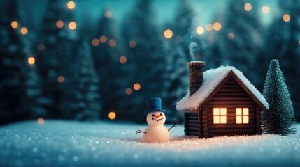A snowman stands in front of a small log cabin