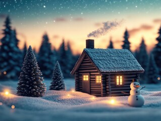 A small cabin with a chimney is lit up at night