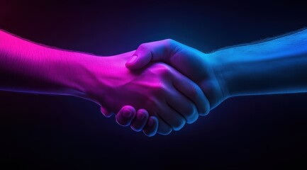 A striking image of two hands shaking, illuminated by vibrant pink and blue lighting. This visual represents unity, cooperation, and the beauty of diverse partnerships in a modern world.