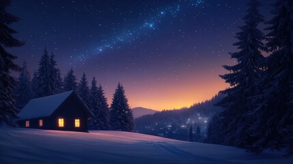 A cabin in the woods with a window and a star trail in the sky