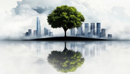 A solitary tree stands amidst a modern city skyline, reflecting both nature and urban life. This image captures the essence of harmony between nature and civilization.