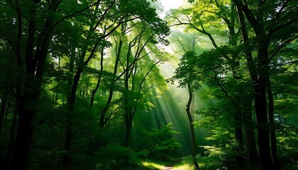 Obraz premium Lush forest with vibrant green trees, sunlight streaming through the canopy, and dappled light on the forest floor