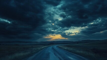 Empty countryside road under a dark, dramatic sky with scattered clouds and a faint glow from the moon breaking through.