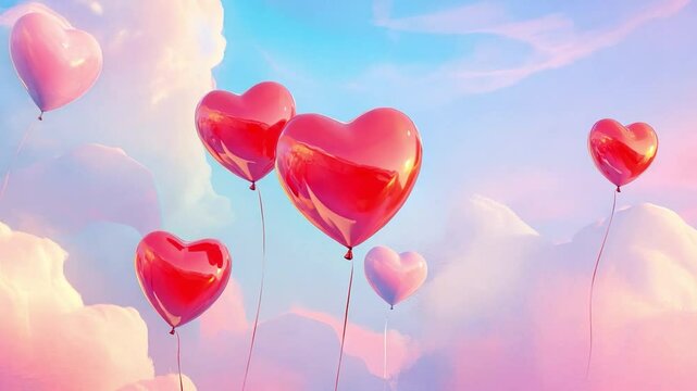 Heart shaped balloons float gracefully against a backdrop of soft clouds in the sky during a peaceful sunset atmosphere