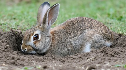 Fototapeta premium European rabbit digging at the ground in a meadow, with clumps of earth and grass scattered around.
