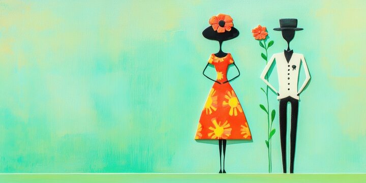 A whimsical representation of elegant companionship, featuring a dressed couple in vibrant colors against a serene background, embodying style, connection, and artistic charm.