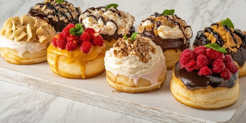 Assorted Gourmet Donuts with Varied Toppings and Flavors on a Wooden Board, Showcasing Delicious Dessert Options for Celebrations and Events