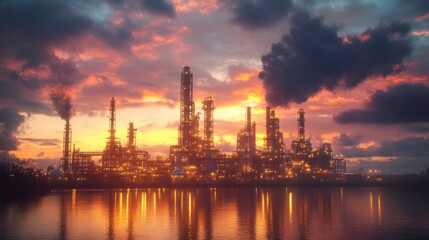 Obraz premium Oil refinery with dramatic clouds overhead: Dark industry and environment contrast, shallow depth of field, soft lighting