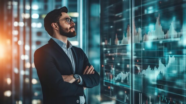 A businessman in a server room, looking at a large screen displaying data.