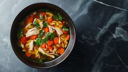 Top down view chicken noodle soup ceramic minimalist bowl modern black marble table background, meat carrot vegetables 