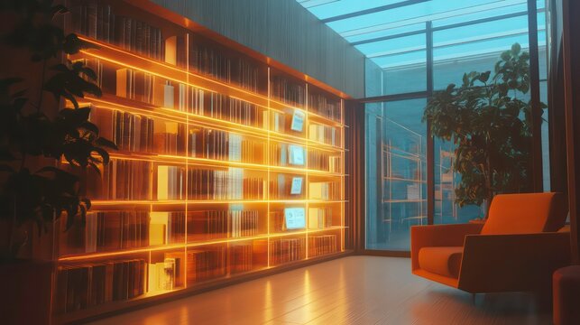 Virtual 3D bookshelf, where each book glows and rotates as a reader selects it, highlighting the immersive nature of digital reading