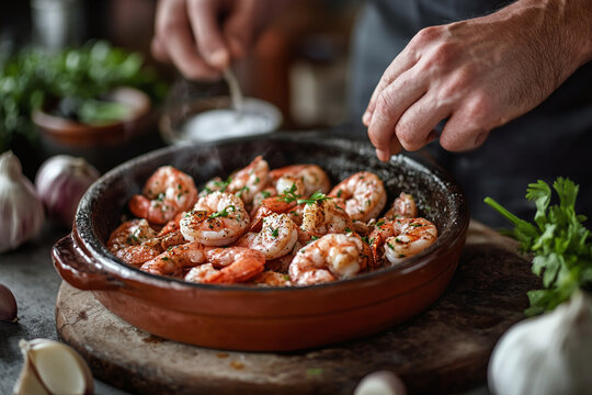Traditional gambas al ajillo in terracotta dish with garlic.