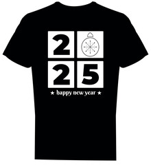 Happy new year 2025, lettering black t-shirt design, with christmas ball