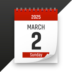Date 2 March 2025 year realistic calendar day page design