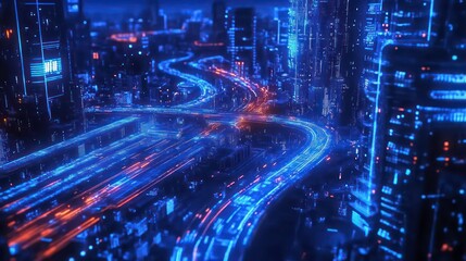 A futuristic cityscape with glowing lines representing data transfer and traffic flow, emphasizing the interconnectedness and rapid pace of modern life.