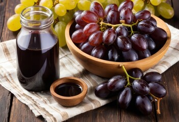 A jar of grape molasses with fresh grapes in the background