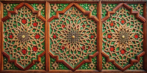 Intricately carved wooden panels adorned with geometric patterns and floral motifs, creating a mesmerizing visual tapestry.