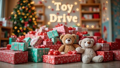 Colorful festive scene with a pile of wrapped and unwrapped toys for the Toy Drive