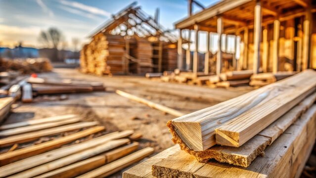 Close-up of a wooden plank resting on other planks, a blurred background of a wooden structure under construction