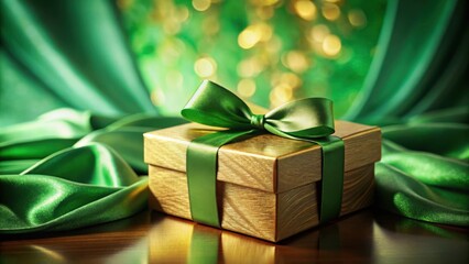 A Golden Gift Box Adorned with a Lush Green Satin Ribbon, Set Against a Serene Emerald Backdrop