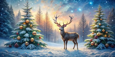 A majestic deer stands in a snowy forest, adorned with twinkling lights and adorned with festive Christmas trees.