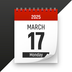 Date 17 March 2025 year realistic calendar day page design