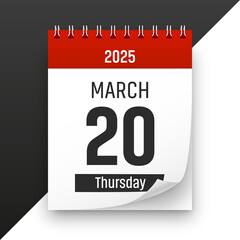 Date 20 March 2025 year realistic calendar day page design