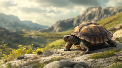 A tortoise walks on a rocky path in a mountainous landscape.